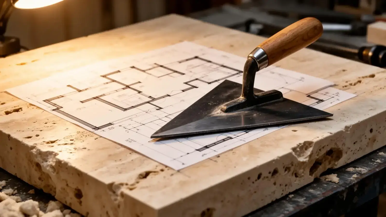 Craftsmanship: trowel and architectural blueprint on travertine