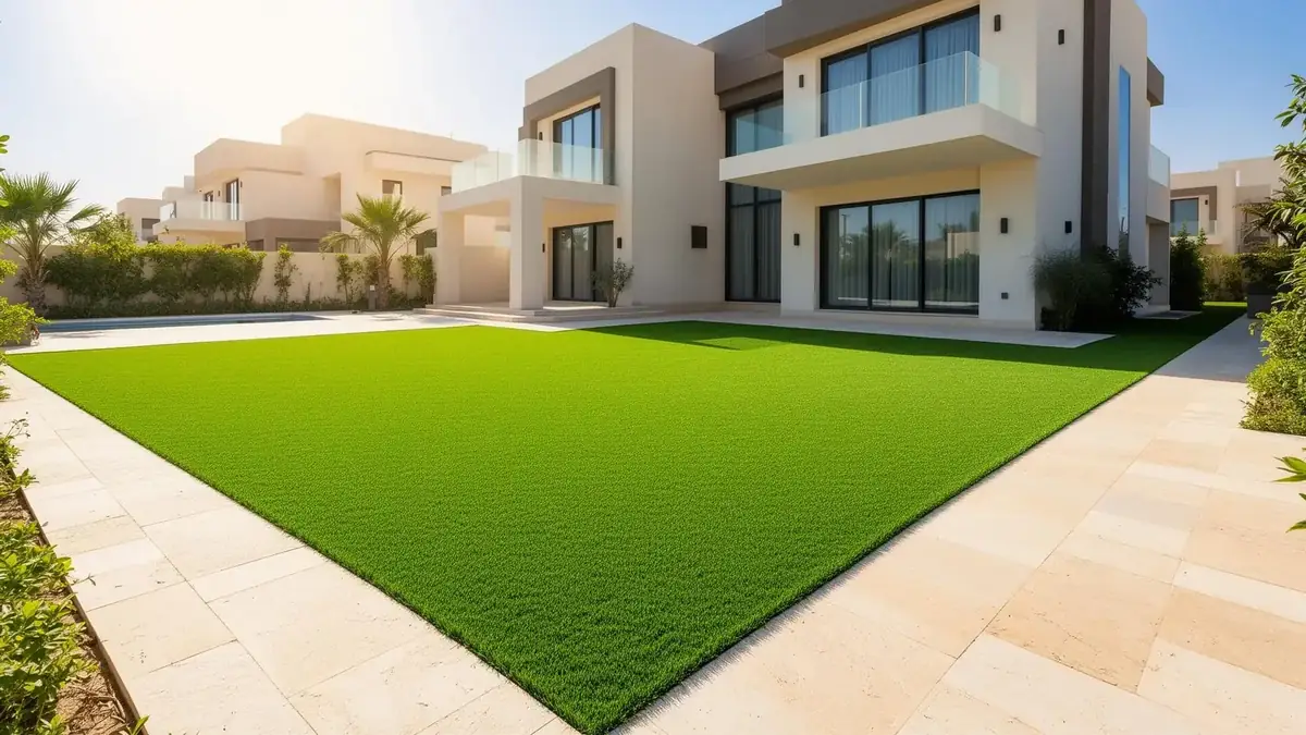 Artificial grass installation in a Dubai villa garden by INFRAMEX Projects