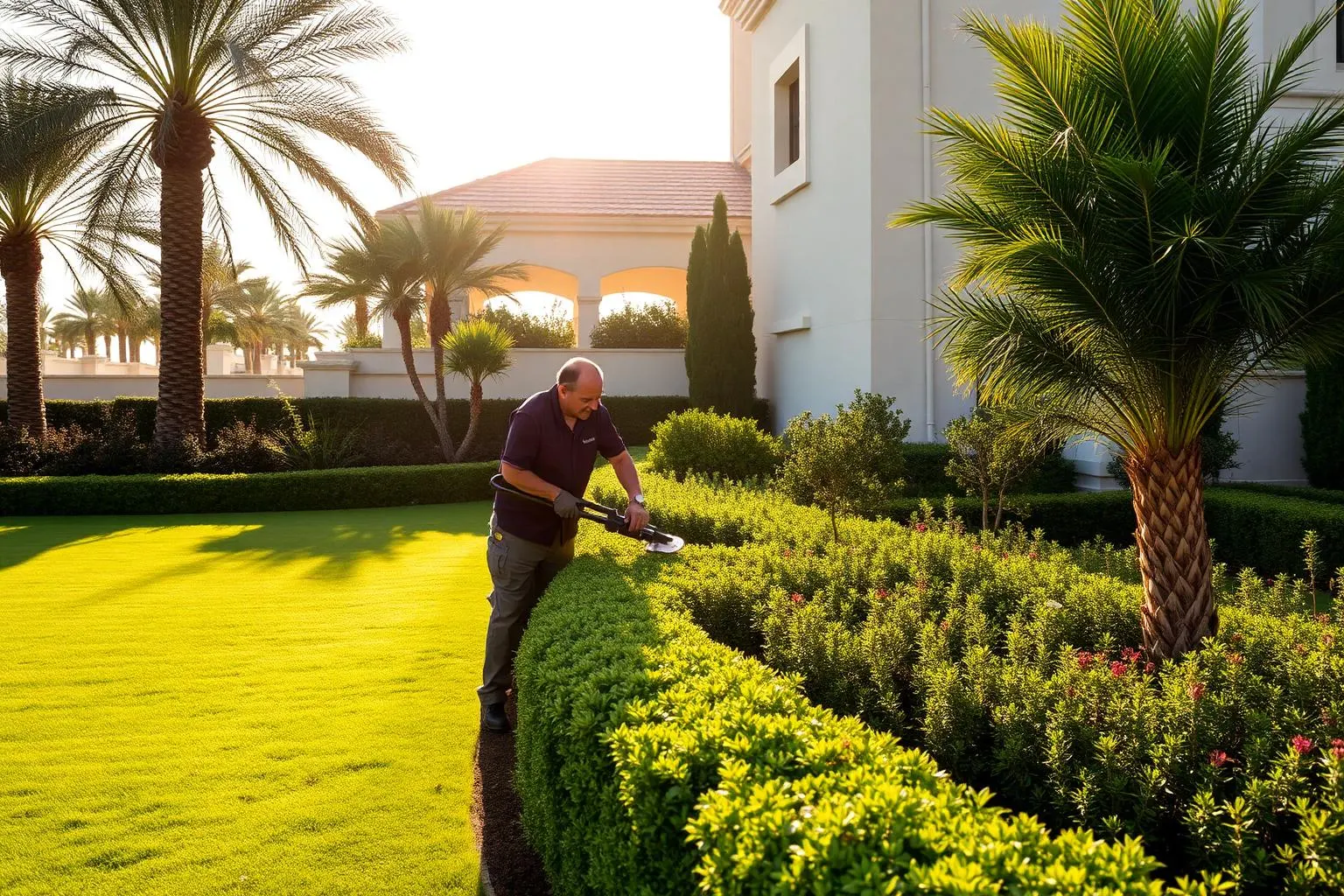 Garden maintenance crew trimming hedges at a luxury Dubai villa by INFRAMEX Projects