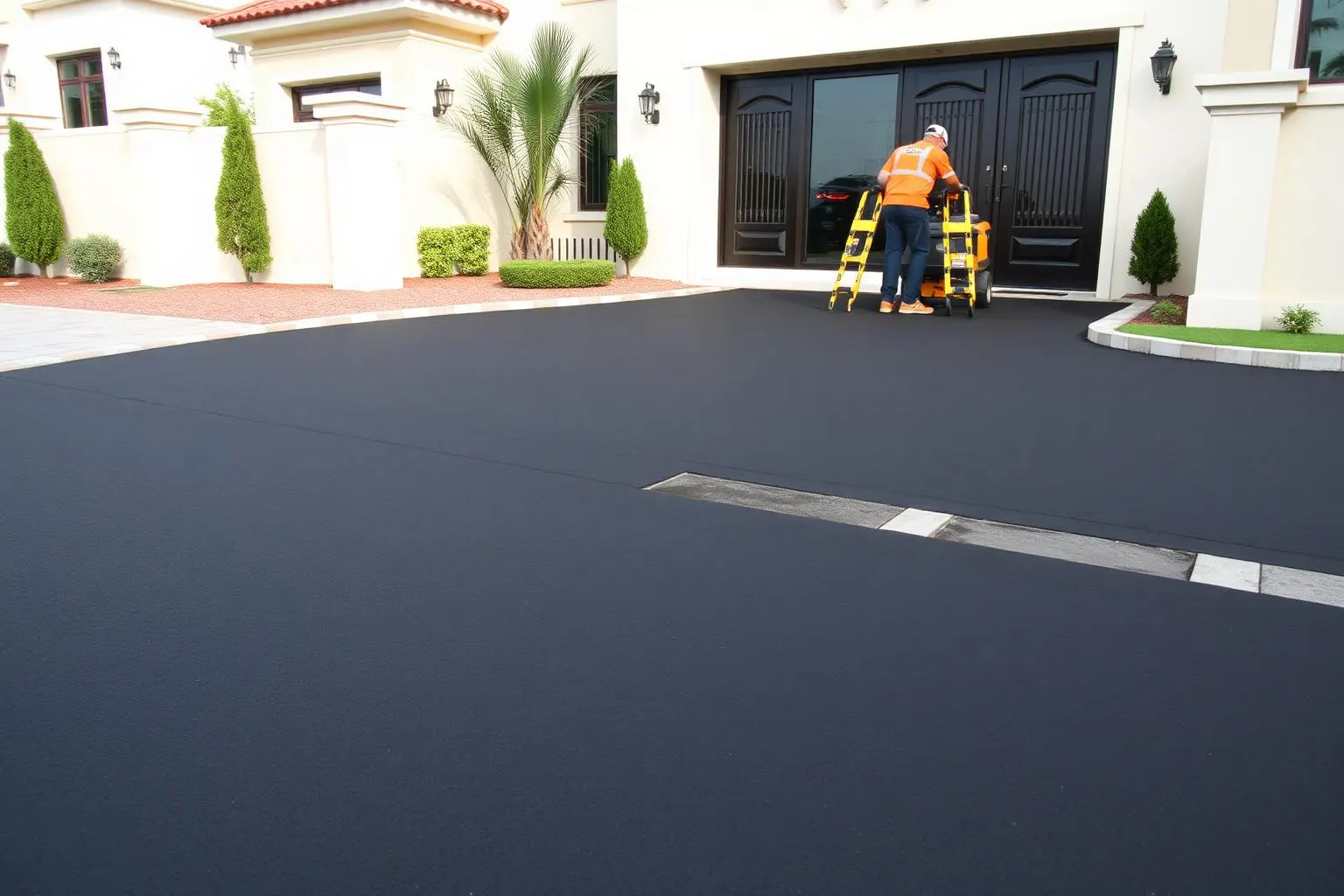 Kerbstone, asphalt and interlock paving at a Dubai villa driveway by INFRAMEX Projects