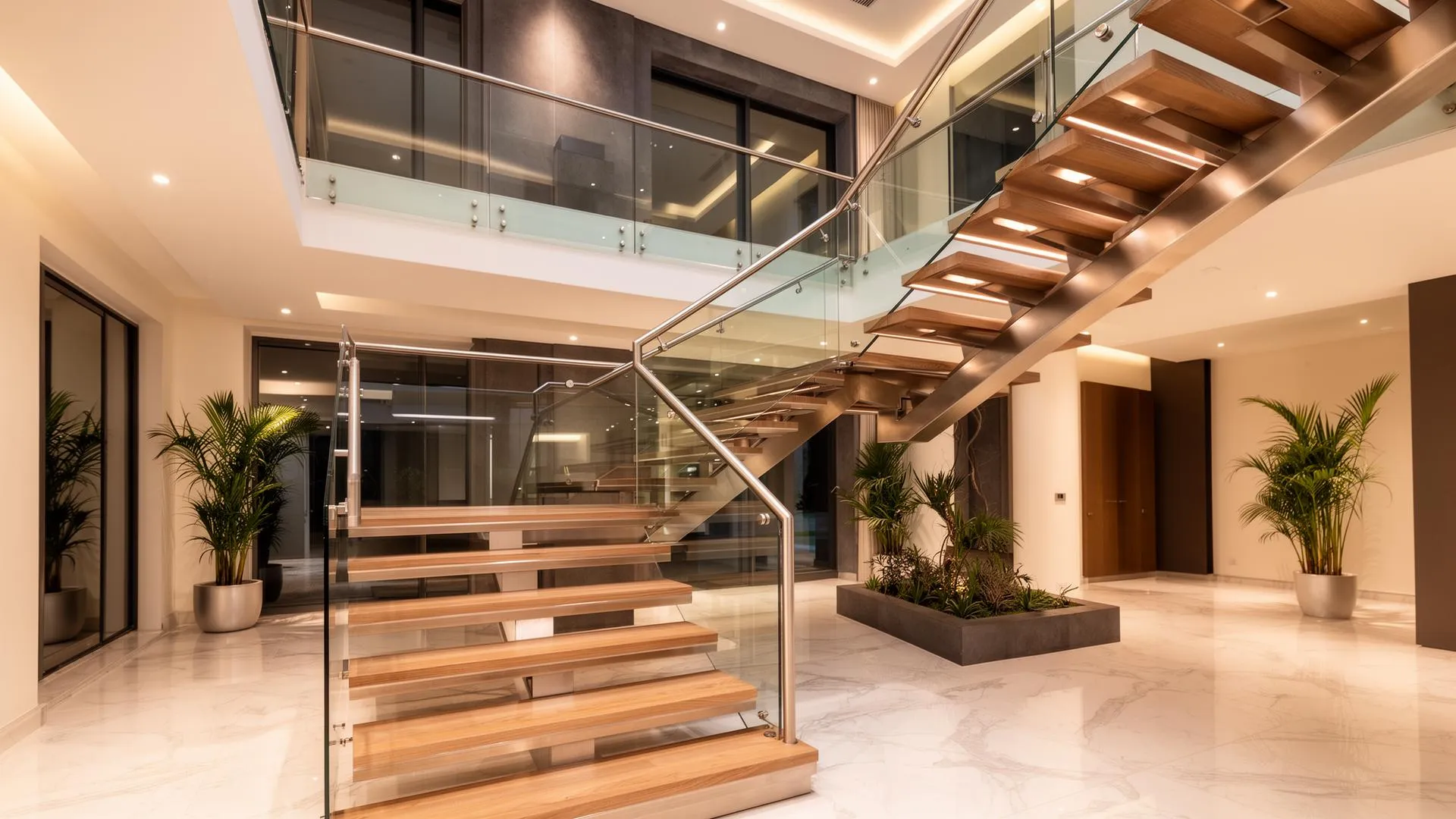Luxury floating staircase with glass railing and oak treads in a Dubai villa — INFRAMEX Projects